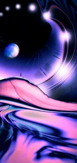 Futuristic cosmic scene with deep blue and purple hues and abstract liquid textures.