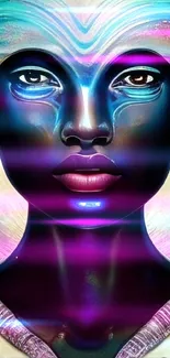 Vibrant cosmic art wallpaper with a colorful futuristic alien portrait.