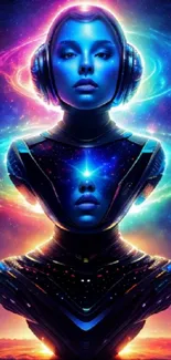 Futuristic cosmic android with blue and glowing colors.