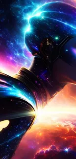 Futuristic astronaut in cosmic scene with vibrant colors and galaxy background.