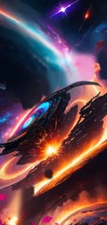 Futuristic cosmic battle scene in space with vibrant colors and spacecraft design.