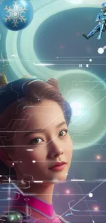 Futuristic woman with cosmic digital backdrop.