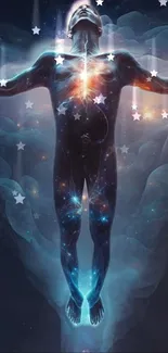 Futuristic cosmic-themed wallpaper with glowing human figure and stars.