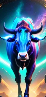 Futuristic bull art with vibrant colors and cosmic background.