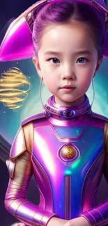 A futuristic child in a purple spacesuit with a cosmic swirl background.