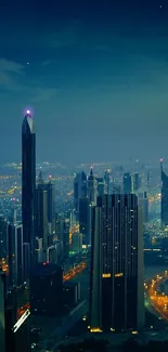 Futuristic cityscape with cosmic elements, stars, and tall skyscrapers at night.