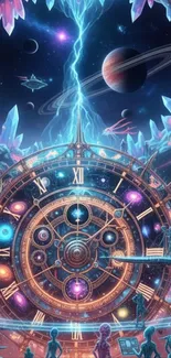 Futuristic artwork featuring a cosmic clock and a celestial theme.