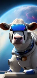 Cow in astronaut suit with cosmic Earth backdrop.