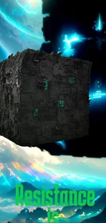 Futuristic cosmic cube on a celestial background.