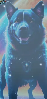 Cosmic dog standing with a galaxy background, vibrant and futuristic.