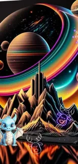 Vibrant cosmic landscape with dragon and neon planets in digital art.