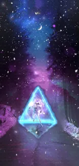 Neon astronaut amidst starry, snowy surreal landscape.