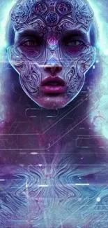 Futuristic cosmic face art with vibrant purple hues for mobile wallpaper.