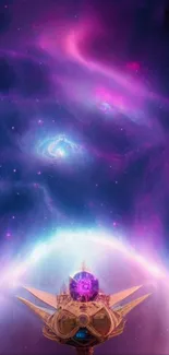 Vibrant fantasy cosmic orb wallpaper with purple nebula and galaxy background.