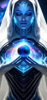 Futuristic cosmic goddess artwork with glowing elements.