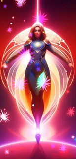 Vibrant futuristic cosmic heroine illustration with radiant colors.