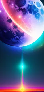 Futuristic cosmic art with a glowing planet and vibrant colors.