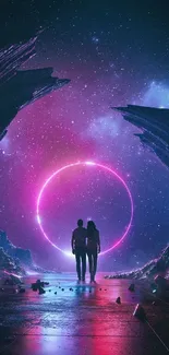 Silhouetted couple in a futuristic neon cosmic landscape.