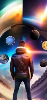 Man standing before a cosmic scene with planets and futuristic elements.