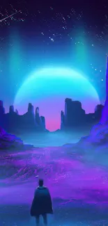 Futuristic neon cosmic landscape with a glowing moon and vibrant colors.