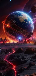 Futuristic cosmic landscape with planets and glowing elements in space.