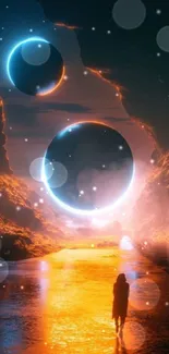 Futuristic cosmic landscape with glowing planets and silhouetted figure.