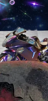 Futuristic motorcycle with cosmic starry background.