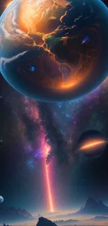 Futuristic scene with planets and cosmic art in dark blue tones.