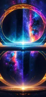 Futuristic cosmic portal with vibrant colors and neon galaxy backdrop.