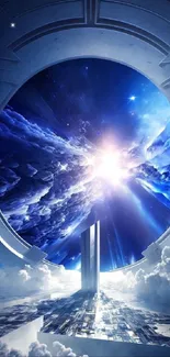 Futuristic portal opening into a cosmic blue galaxy with vibrant lighting.