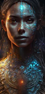 Futuristic portrait of a woman with cosmic elements in vibrant colors.