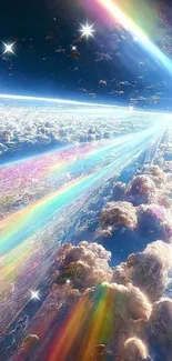 Futuristic cosmic wallpaper with vivid rainbow beams over celestial clouds.