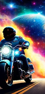 A motorcyclist rides towards a vibrant cosmic backdrop with a glowing planet.