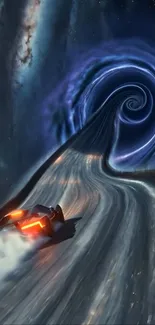 Futuristic car on swirling galaxy road.