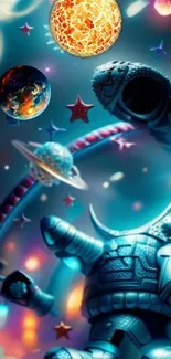 A vibrant cosmic scene with a robot and planets in a fantasy setting.