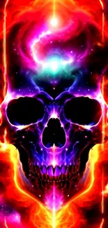 Vibrant cosmic skull with neon colors and galaxy elements.