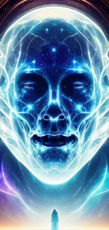 Futuristic cosmic skull with vibrant blue light and a galaxy background.