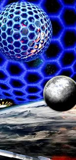 Futuristic space wallpaper with blue hexagonal grid and celestial scene.