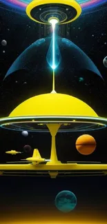 Vibrant cosmic scene with a yellow spaceship amid stars and planets.