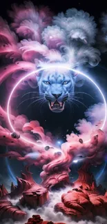 Futuristic cosmic tiger in vibrant pink and blue nebula clouds wallpaper.