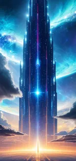 Futuristic cosmic tower with swirling galaxies.