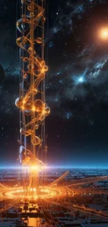 Futuristic cosmic tower with a starry background