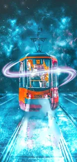 Futuristic tram surrounded by a cosmic, neon-lit universe.