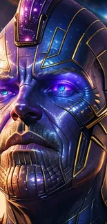 Futuristic cosmic warrior art with purple and gold colors in digital style.