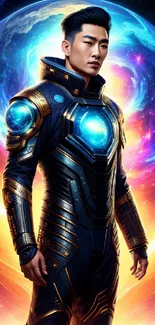 Futuristic cosmic warrior with vibrant cosmic background.