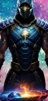 A galactic warrior in cosmic armor stands against a colorful space background.