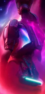 Futuristic cosmic warrior with neon pink nebula background.