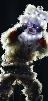 LED-adorned performer in an intricate futuristic costume on stage.