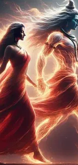 Futuristic couple walking in fiery art design.