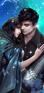 Futuristic couple embracing in cosmic scenery wallpaper.